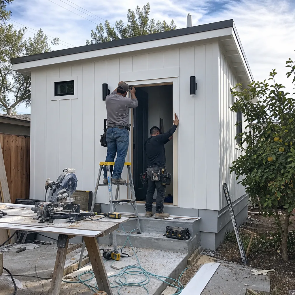 Two professional builders installing exterior door trim on a modern ADU