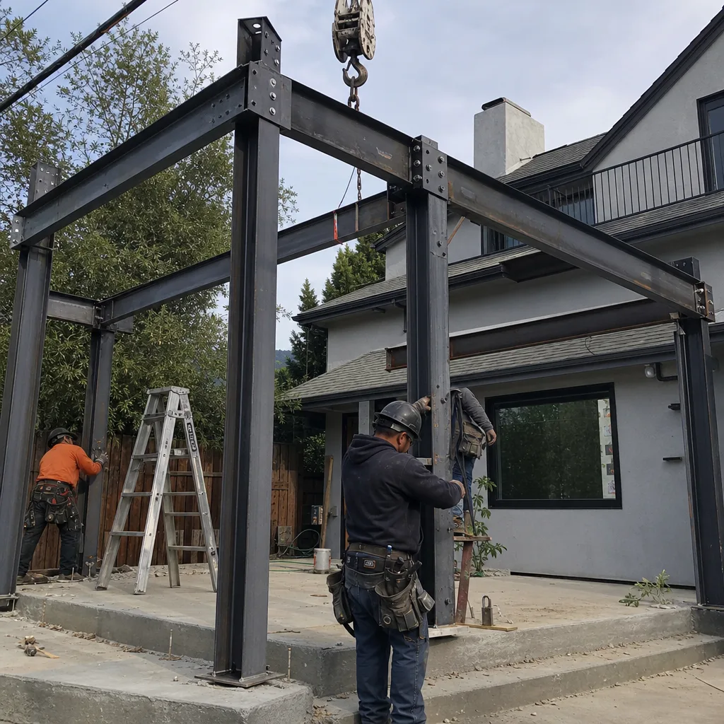Construction workers assembling structural steel frame for an ADU project