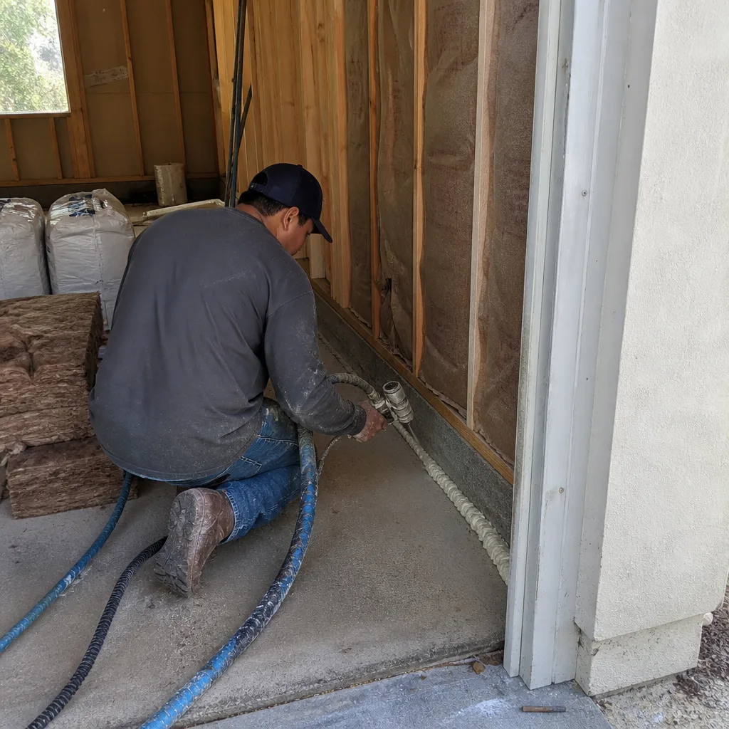 Contractor applying spray foam sealant during a garage conversion project