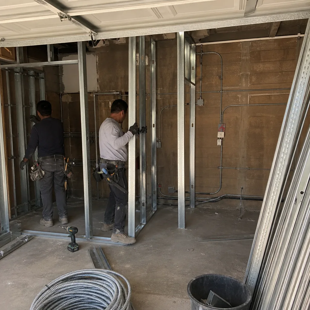 Contractors installing metal stud framing for a garage conversion project