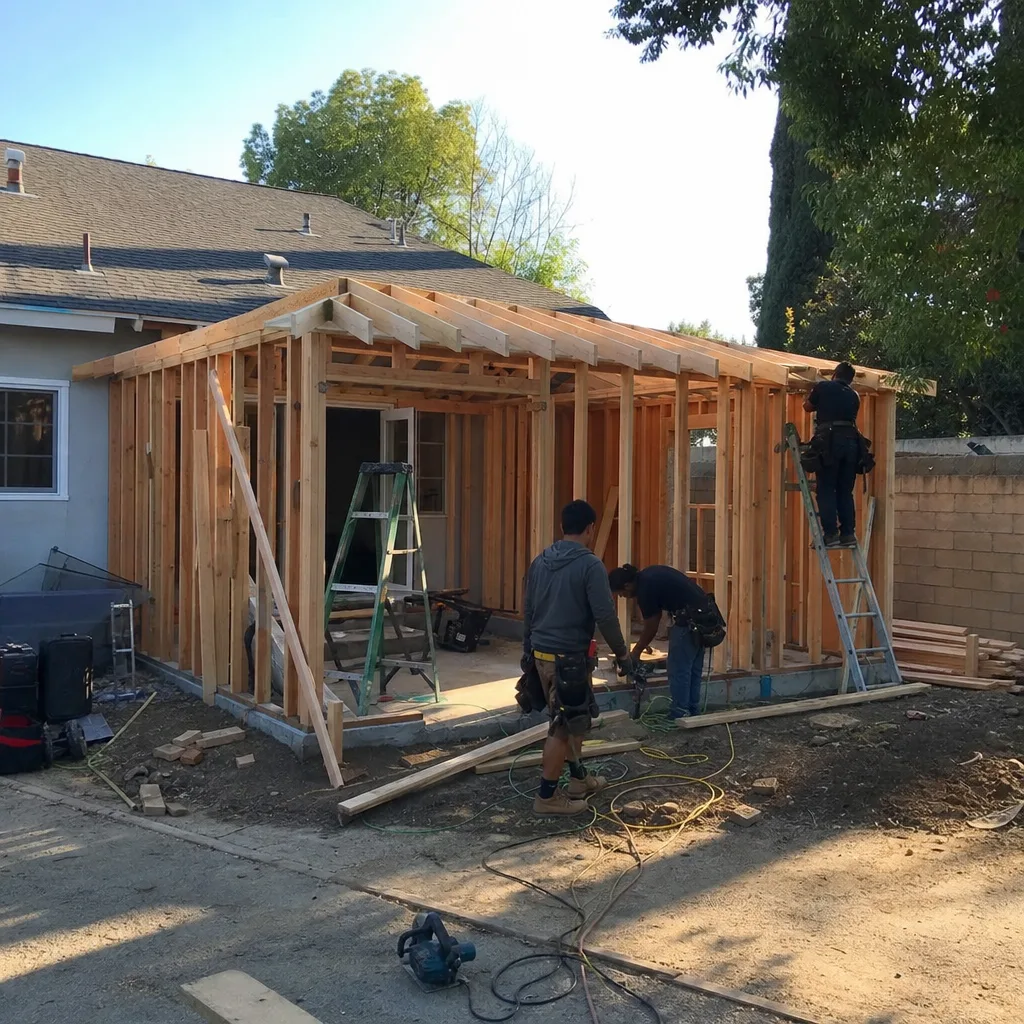 professional contractors framing a new wooden home addition structure